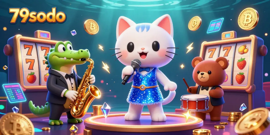 Engage with 79sodo's electrifying casino scene featuring a singing cat, saxophone crocodile, and drum-playing bear.