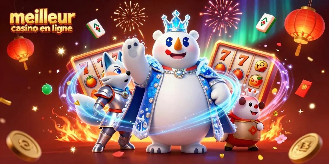 Plongez dans le meilleur casino en ligne avec cette illustration chatoyante d'un ours polaire royauté et un renard, entourés d'éléments de jeu.
