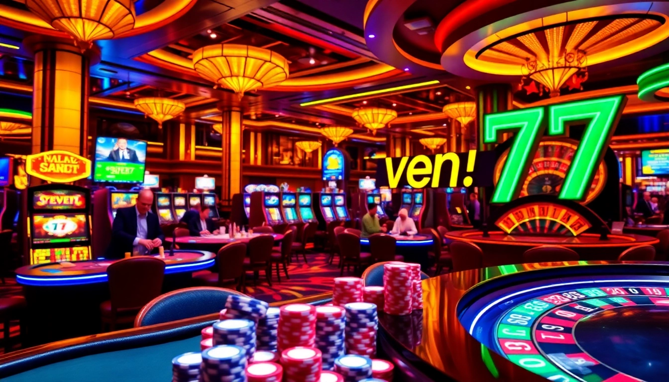 Players enjoying lucky games at seven77 casino, filled with vibrant slot machines and poker tables.