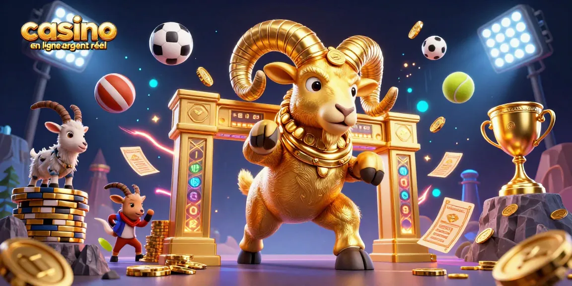 Visualisez un ram doré et dynamique au casino en ligne argent réel entouré d'éléments sportifs colorés