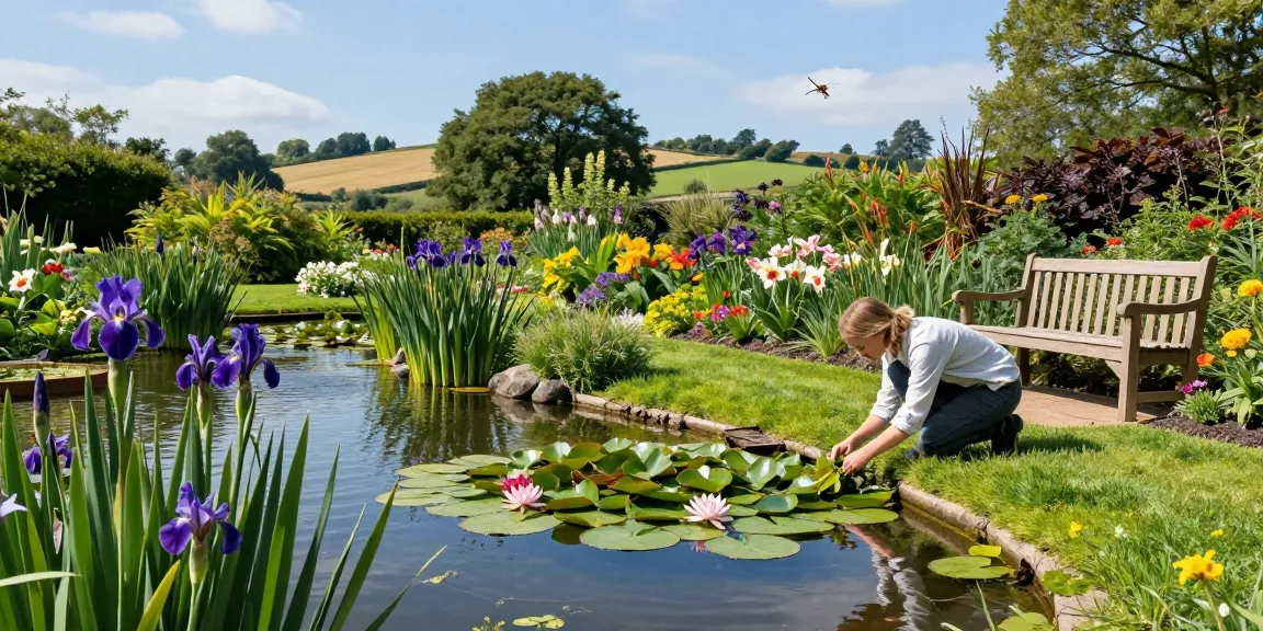 Explore British Pond Plants flourishing in a tranquil garden scene with a gardener tending to vibrant water lilies and lush greenery.