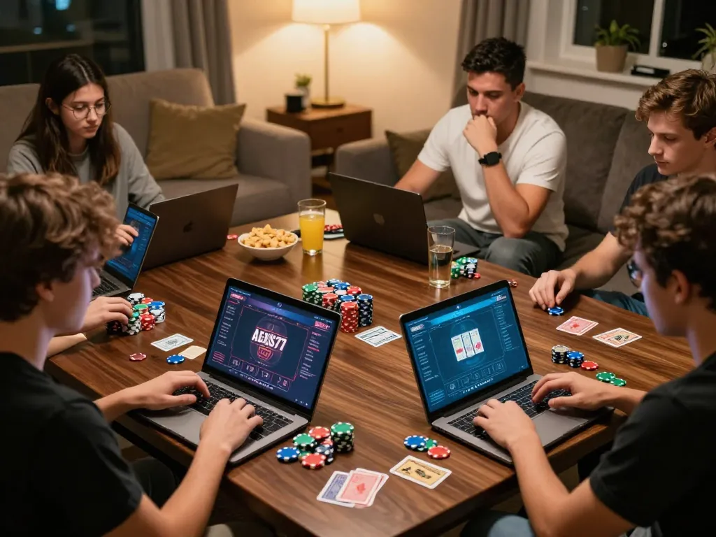 Friends strategizing during poker game on alexis77 platform with colorful chips and laptops