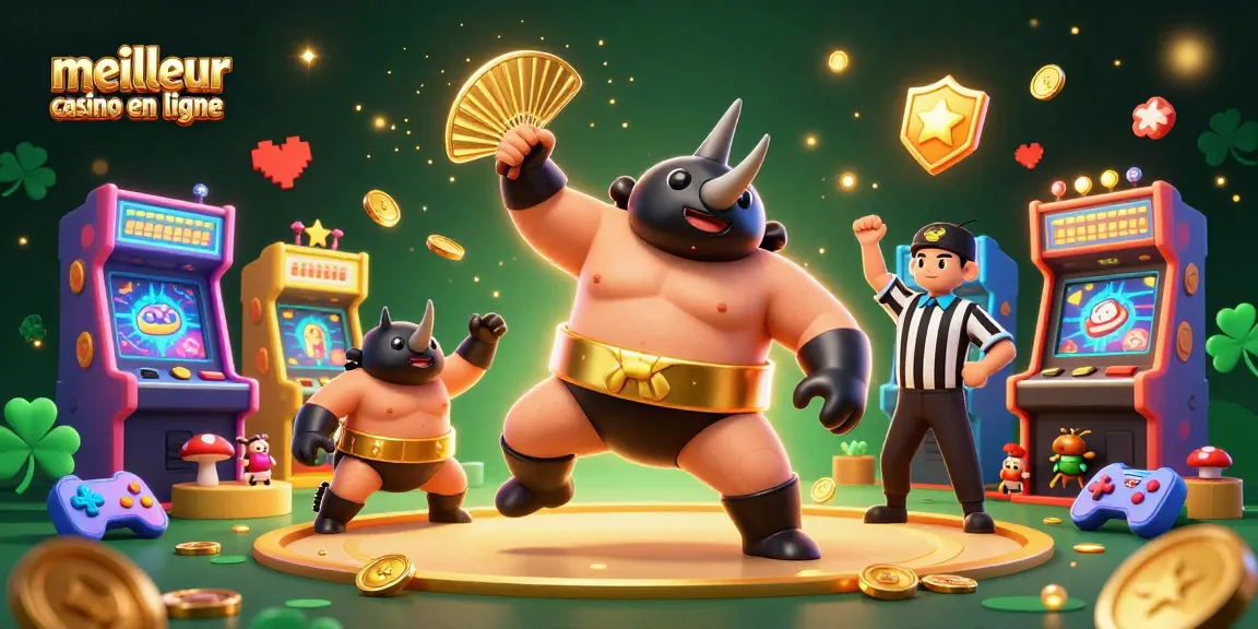Illustration dynamique de rhinocéros scarabée et cricket représentant le meilleur casino en ligne, avec des pièces d'or volantes