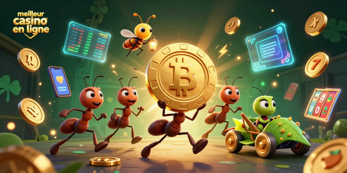 Immersionnez-vous dans le meilleur casino en ligne avec une illustration animée de fourmis s'échappant avec un jeton de poker.