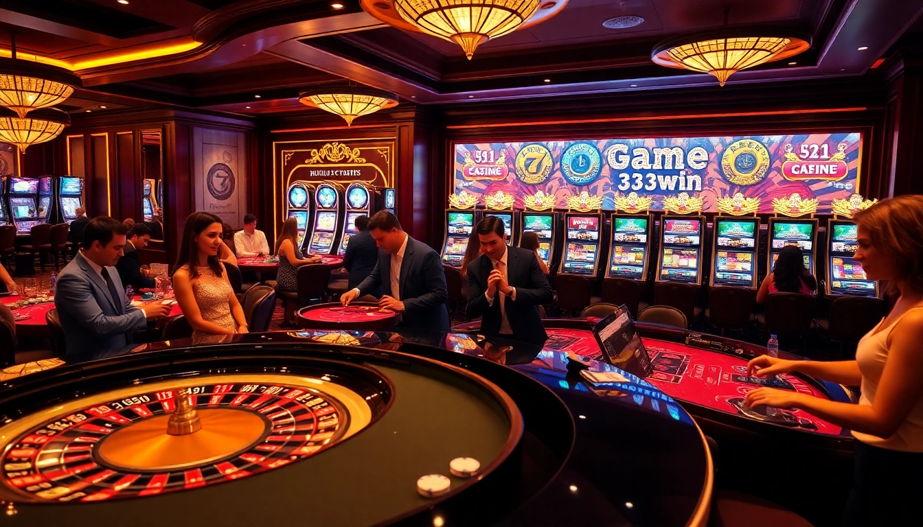 Enjoying the thrilling game 33win at a luxurious casino with vibrant slot machines and an elegant roulette table.