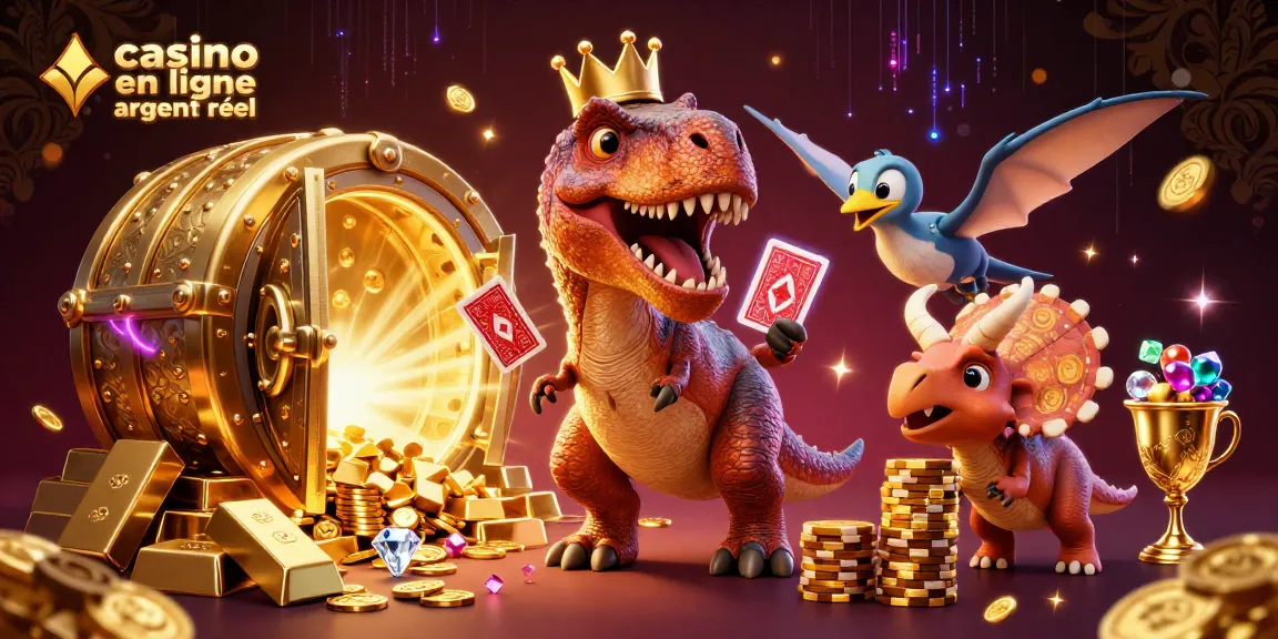 Illustration de casino en ligne argent réel avec un T-Rex caricatural et des éléments de jeu scintillants