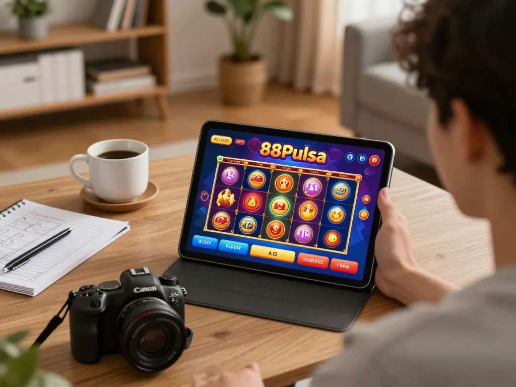 Pemain menang besar di permainan slot 88Pulsa dalam pengaturan permainan rumah yang nyaman.