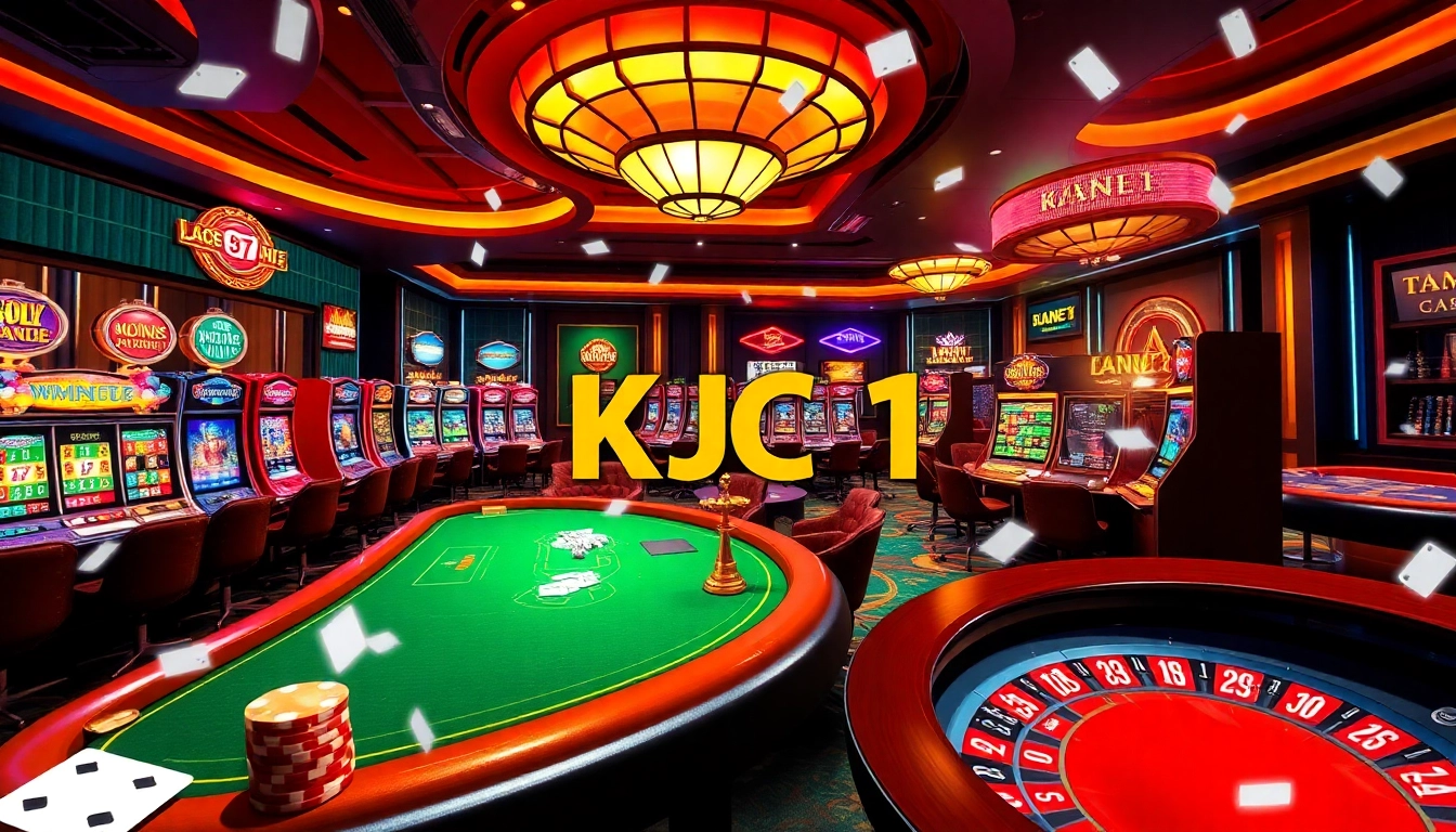 A lively casino scene showcasing poker tables, slot machines, and roulette wheels, emphasizing the excitement of KJC AC 1.