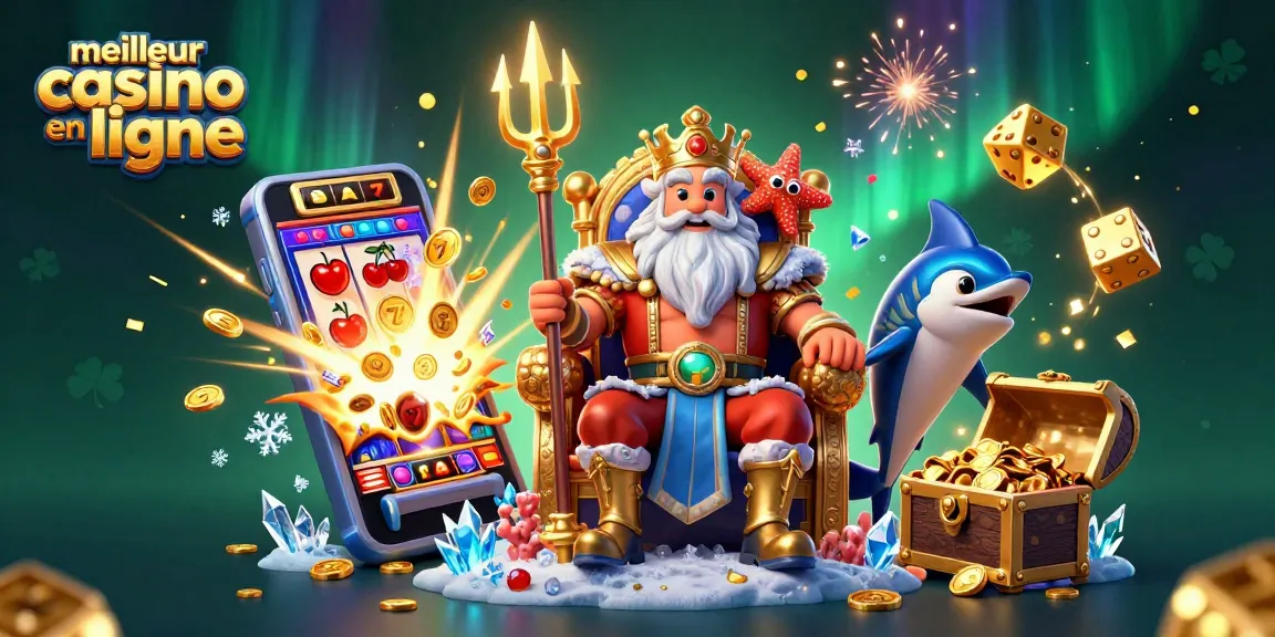 Gagnez gros dans le meilleur casino en ligne avec Neptune, le roi des mers, entouré de machines à sous.
