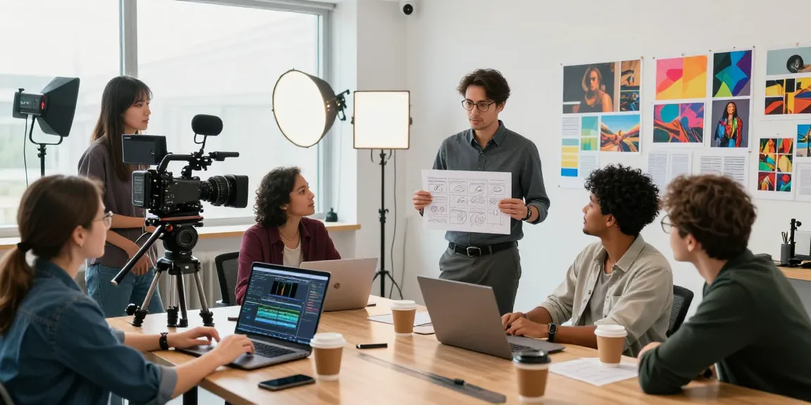 Corporate video production team collaborating in a modern studio, focusing on creativity and teamwork.