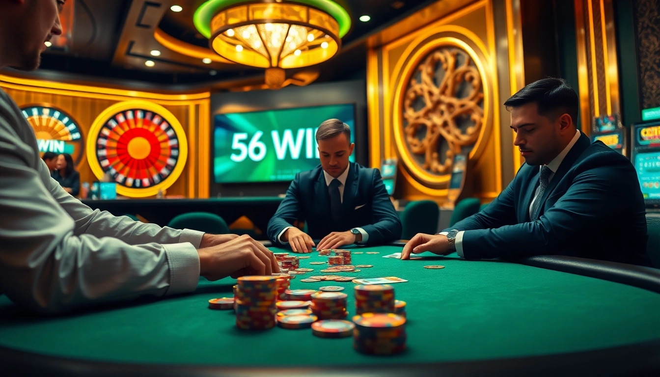 Experience high-stakes action at the poker table featuring 56 WIN branding, showcasing excitement in a luxurious casino.