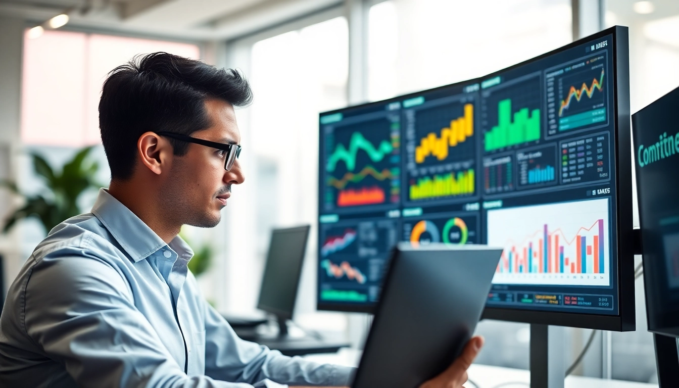 Data analyst utilizing AI for competitor analysis insights in a modern office setting.