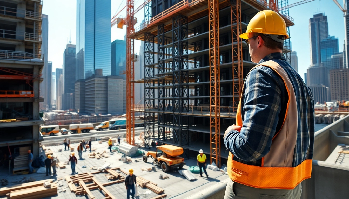 New York City Construction Manager supervising a dynamic city construction site.