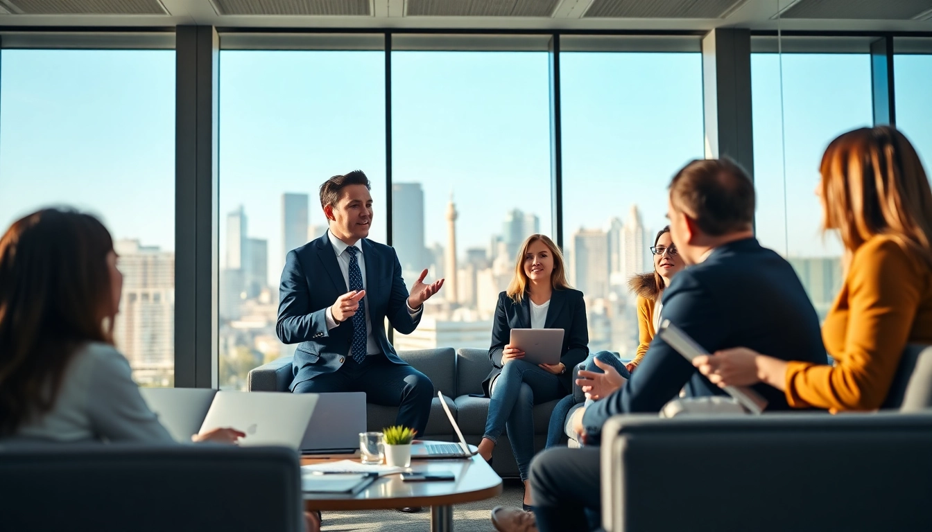 Engaging business coach near me facilitating a team discussion in a modern office.