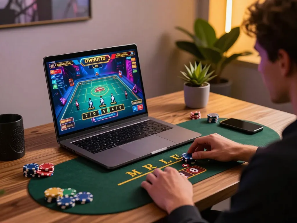 MAY88 player poised for a winning bet in a stylish online casino setup.