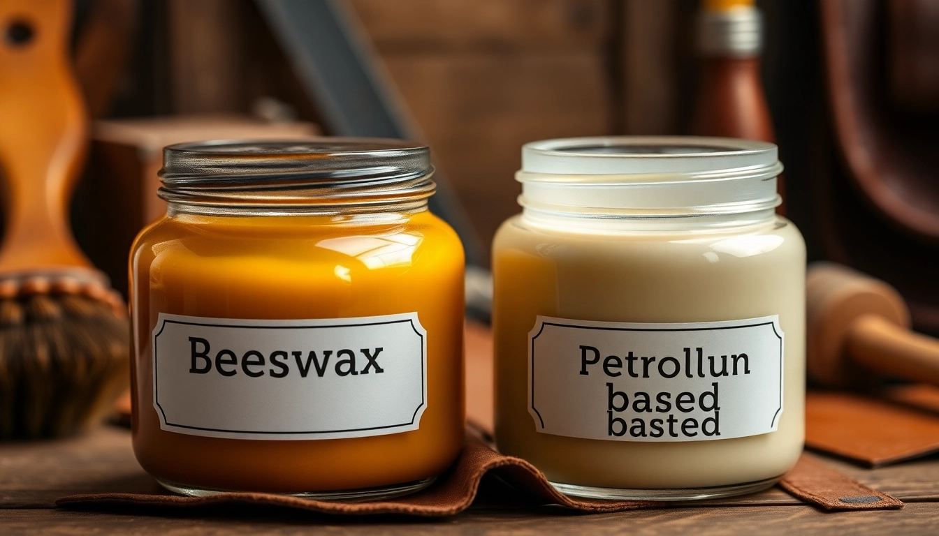 Comparing Beeswax vs. Petroleum-based leather dressings in jars on a rustic wooden table.