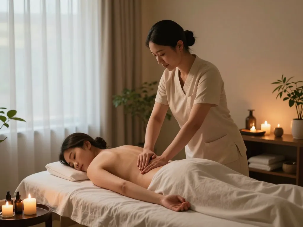 평온한 스파 환경에서 역삼동마사지를 특징으로 하는 진정 효과가 있는 마사지 치료 세션.