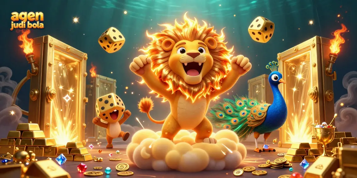 A dynamic scene featuring agen judi bola with a roaring sun lion, golden dice, and treasure, perfect for online betting.