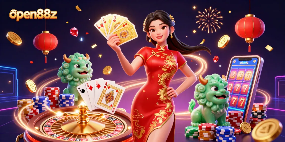 Engage with open88z in a vibrant casino scene featuring rich gameplay elements and a traditional Chinese character.