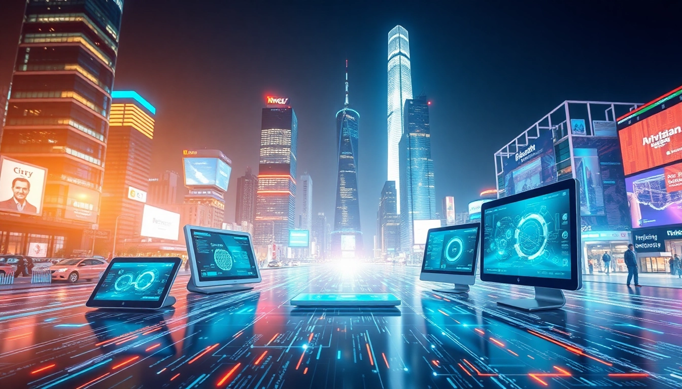 Explore futuristic technology impacts on society landscape at https://mohamedmmblog.tech with vibrant devices and cityscape.