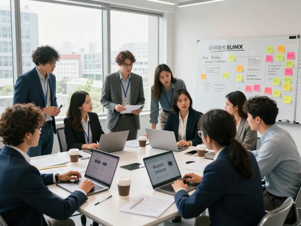 合同会社SUMXでのダイナミックなチームワークセッション、現代的なオフィスでのウェブアトラクションサービスの戦略立案。