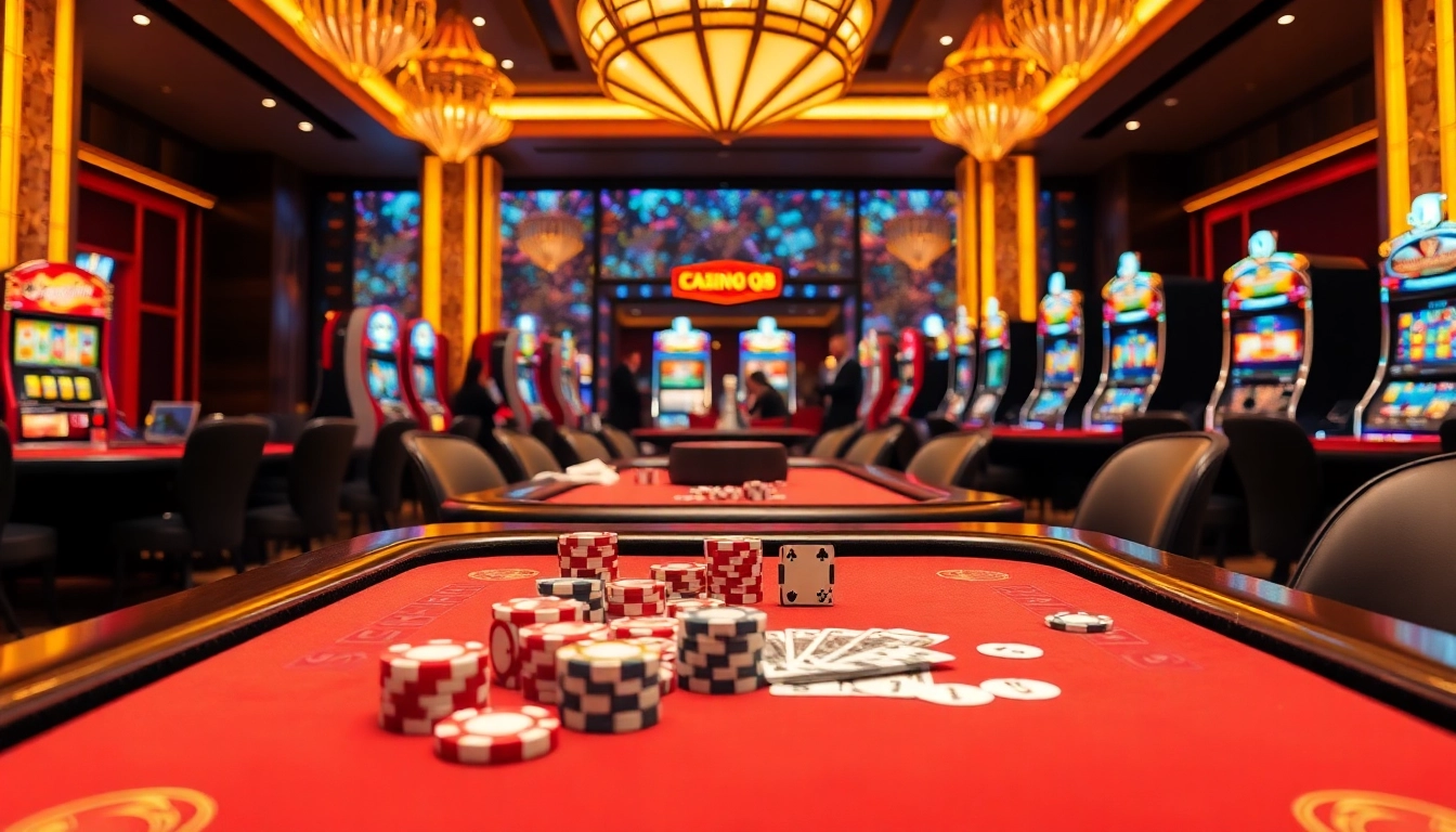 Casino QH88 gaming table with poker chips and cards in an exciting atmosphere.