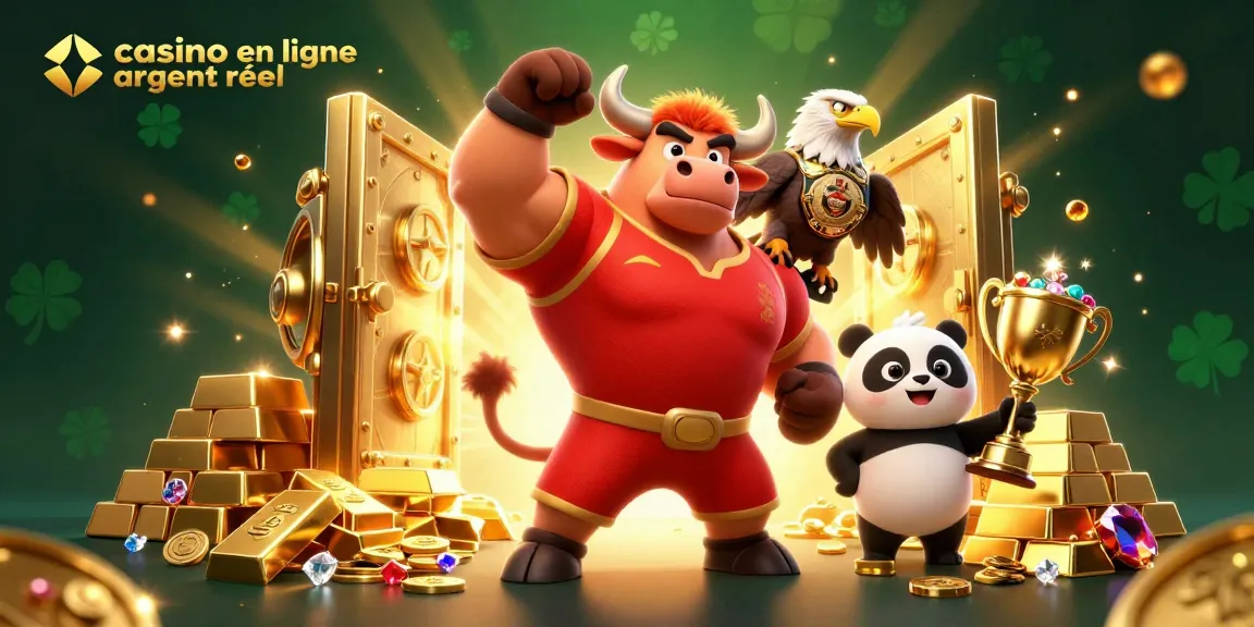 Casino en ligne argent réel : un taureau, un aigle et un panda célèbrent la victoire avec des trésors scintillants.