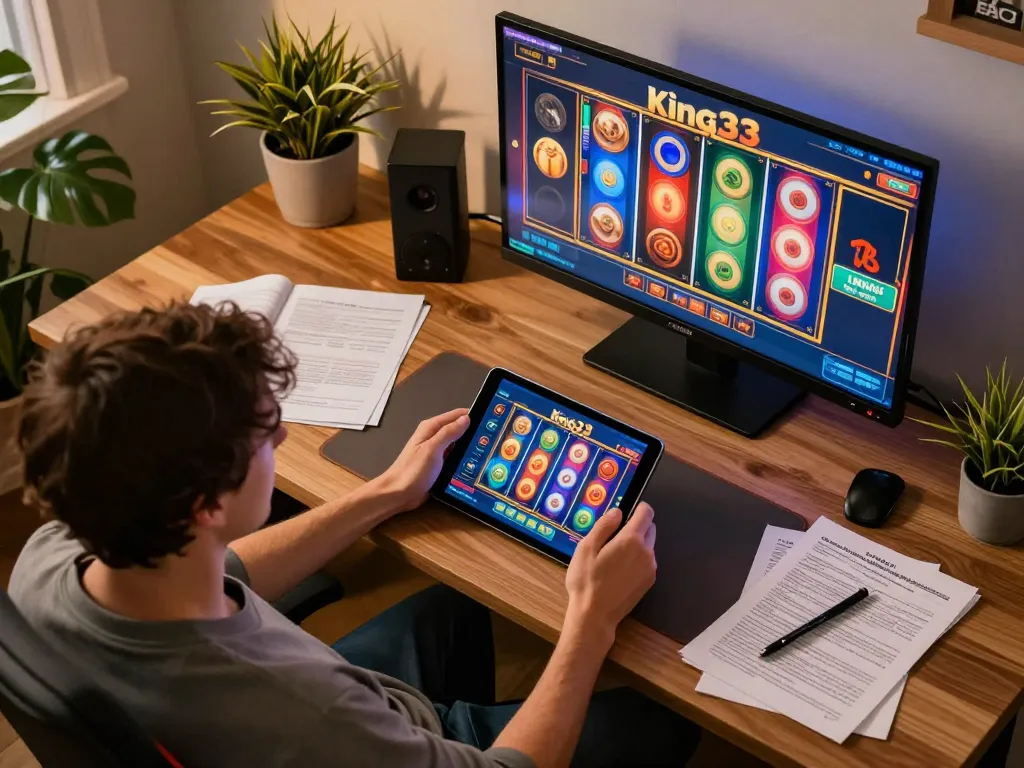 Player enjoying King33 slots on tablet in cozy home office setting with strategy notes