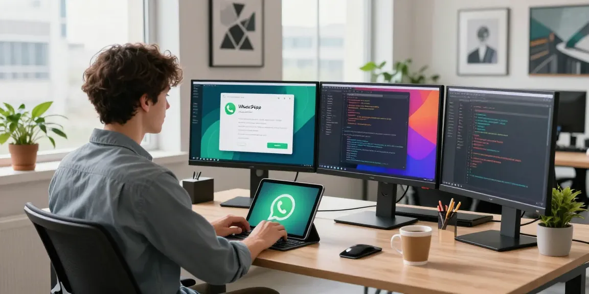 Workspace with dual monitors showcasing WhatsApp下載 interface and a young professional engaged in productivity.