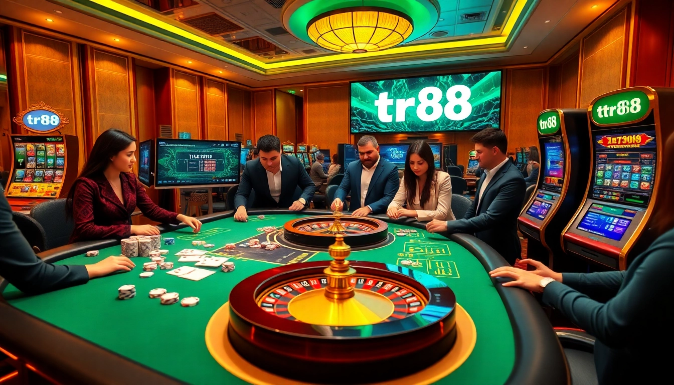 tr88 online gamblers engaging at a premium casino table, surrounded by gaming elements.