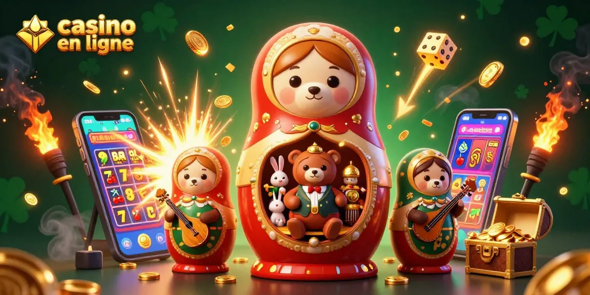 Jeux captivants sur casino en ligne avec ours matryoshka et machines à sous éclatantes.
