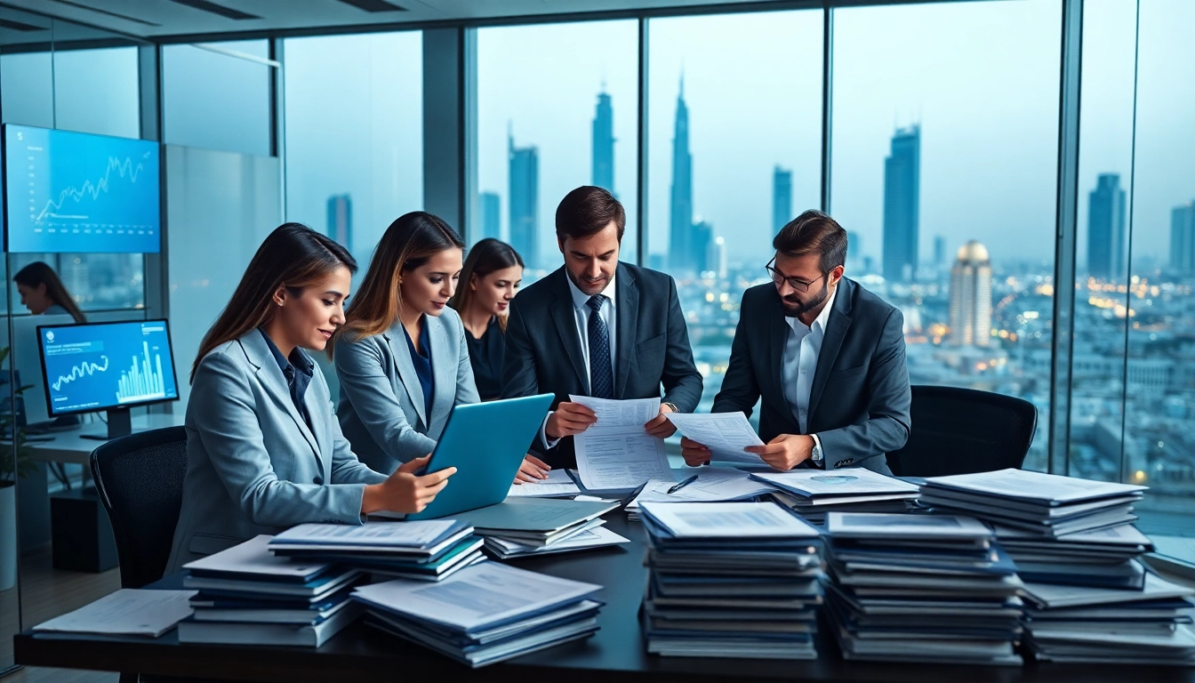 Professional team collaborating in a Dubai auditing office, focused on VAT Return Filing.