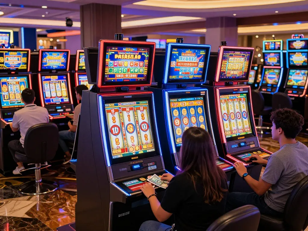 Excited players enjoying slots at https://888vnd.bid/ with vibrant neon lights and engaging gameplay.