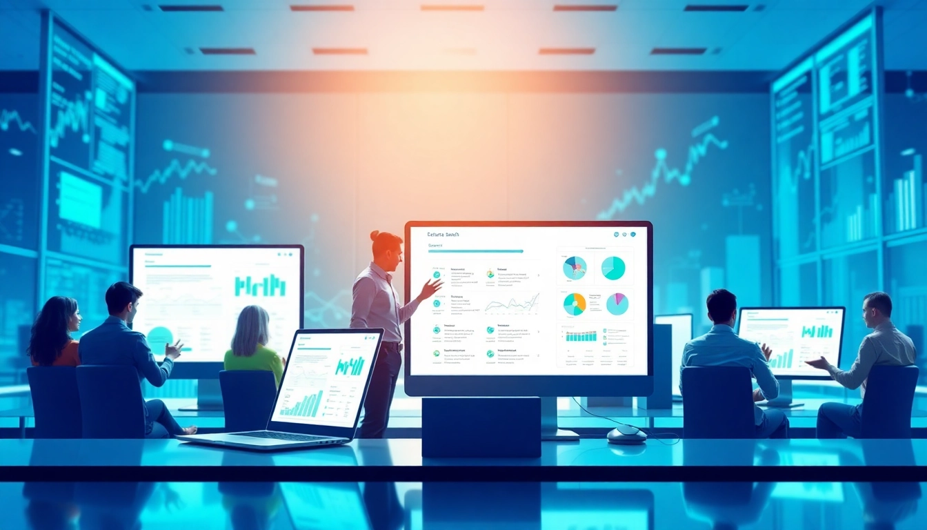 Showcasing enterprise search solutions within a collaborative digital workspace featuring diverse professionals.