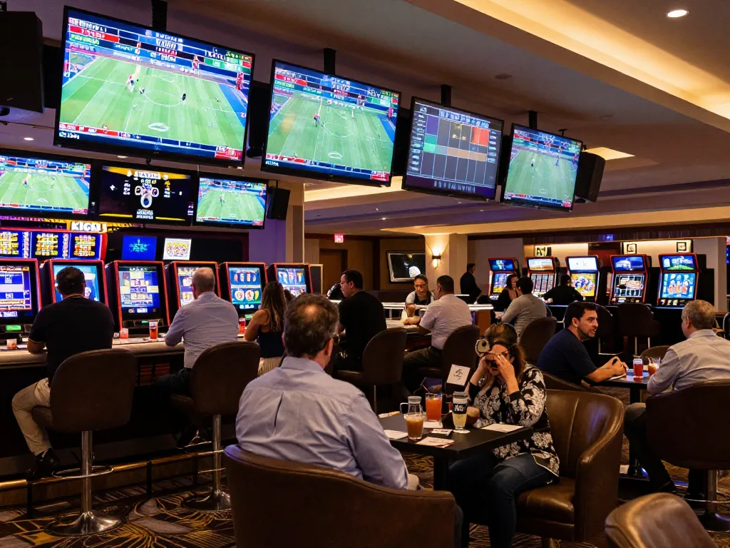 KQBD sports betting lounge with live scores displayed on large screens, patrons engaged in betting.