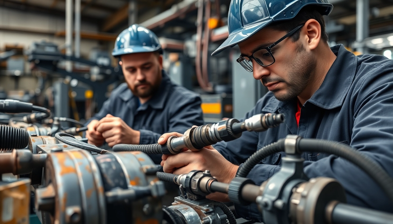 Technician conducting on-site hydraulic repair of industrial machinery, focusing on hydraulic components.