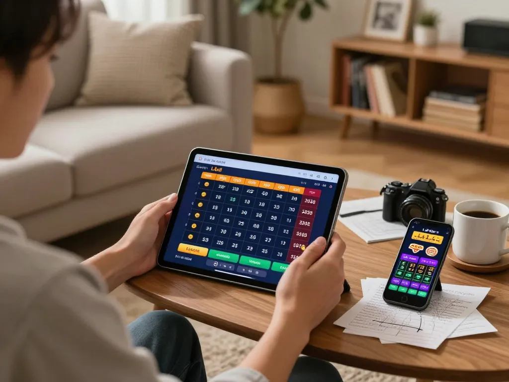 Lô đề online player engaged in strategic betting in a cozy home setup with a tablet.