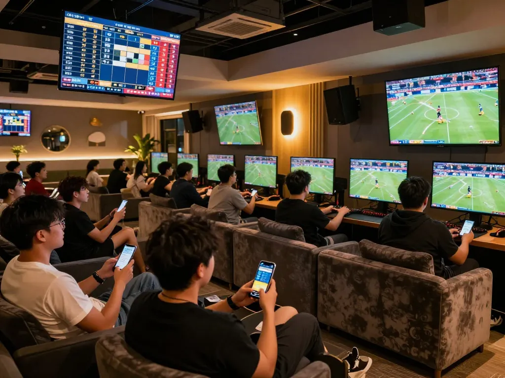 Excited players at TG88 engaging in live sports betting with multiple screens displaying odds