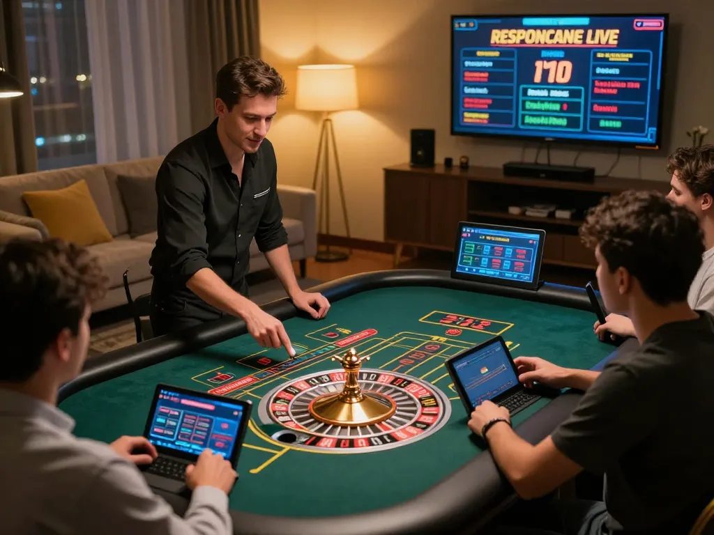 Iwinclub players engaging in live roulette game at home, showcasing dynamic online casino experience.
