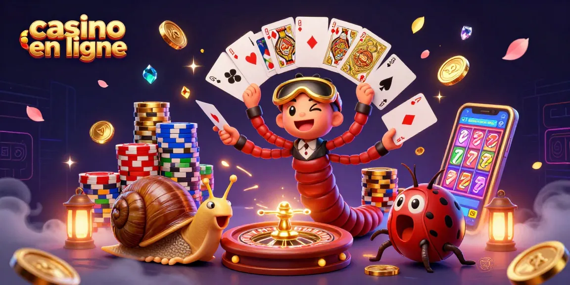 Casino en ligne : explorez une scène dynamique avec un croupier millipède et des jetons en mouvement.