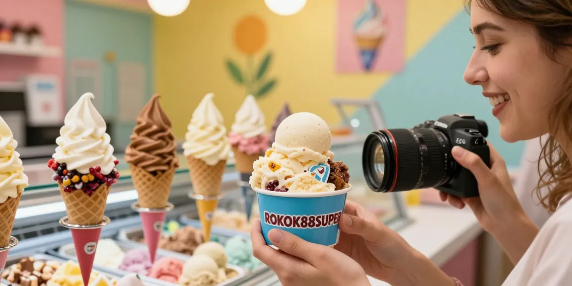 Customer enjoying ROKOK88 ice cream in a colorful parlor setting
