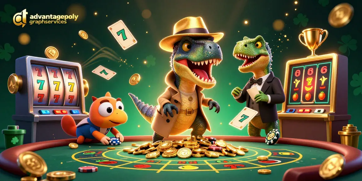 Engaging illustration of a 3D velociraptor at a casino blackjack table, highlighting advantagepolygraphservices.