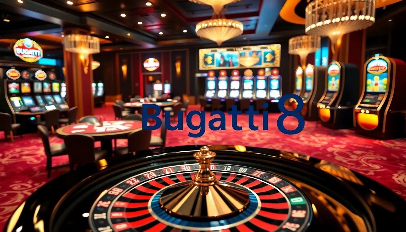 Experience exhilarating gambling action at Bugatti8 with vibrant casino tables and roulette wheels.