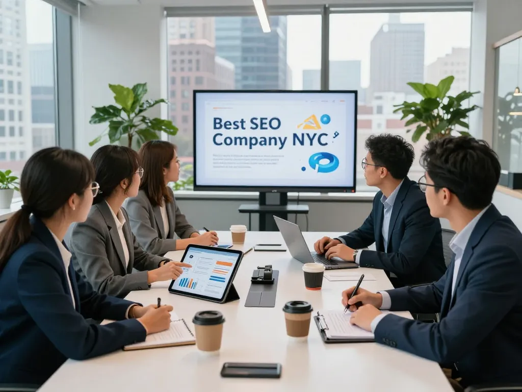 Dynamic team discussing Best SEO Company NYC strategies in a modern office.