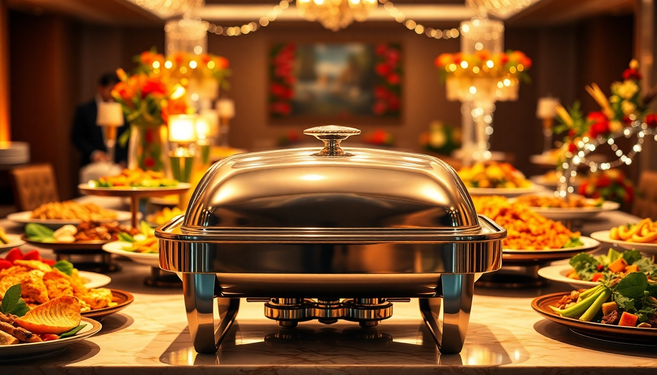 Serve delicious dishes from a stylish chafing dish setup at a festive buffet.