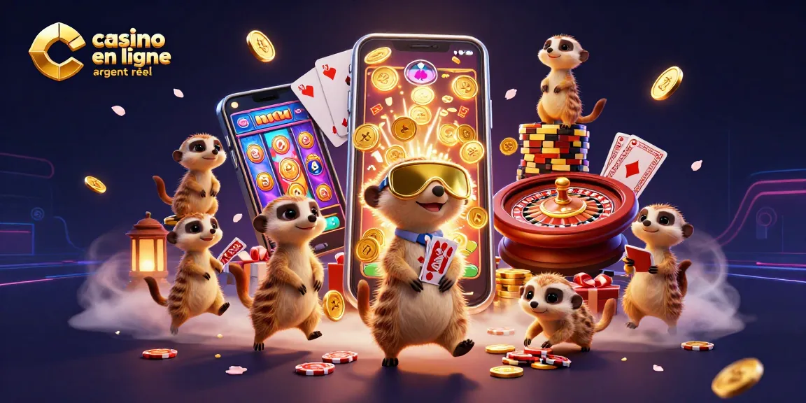 Des meerkats gèrent un casino en ligne argent réel, animés et interactifs, avec des éléments de jeu colorés.