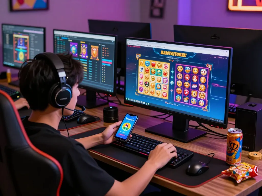 BANTAITOGEL online gaming scene with player enjoying lottery and slot games.