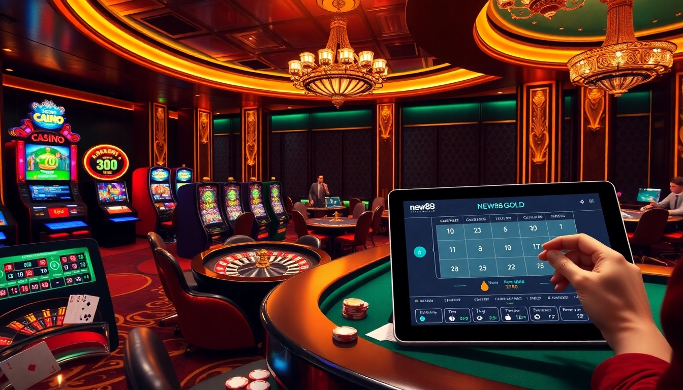 Excited gamblers at new88.gold enjoy luxury casino gaming with cards and roulette.