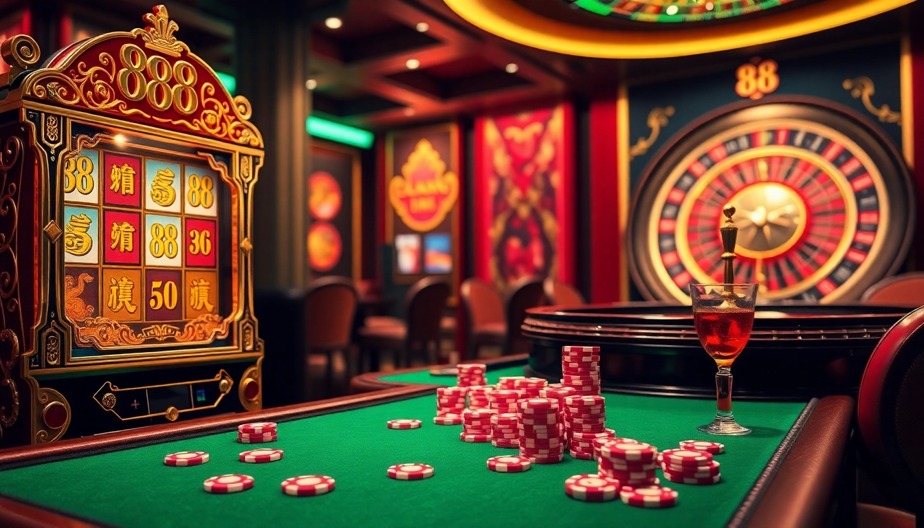 Experience the thrill of LUCKY88 with vibrant casino visuals featuring slot machines and chips.