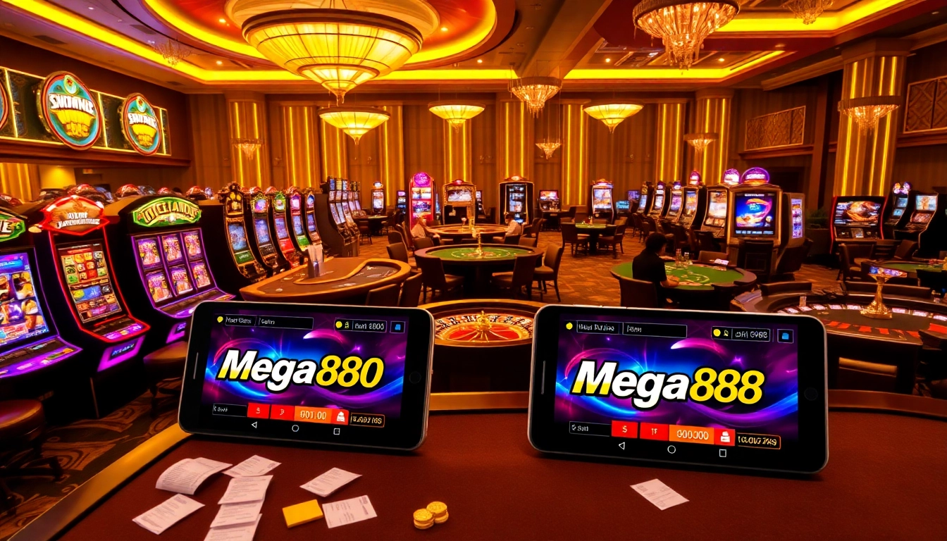 Alami muat turun mega888 dengan latar belakang kasino yang cerah, mempersembahkan peranti permainan dan aksi.